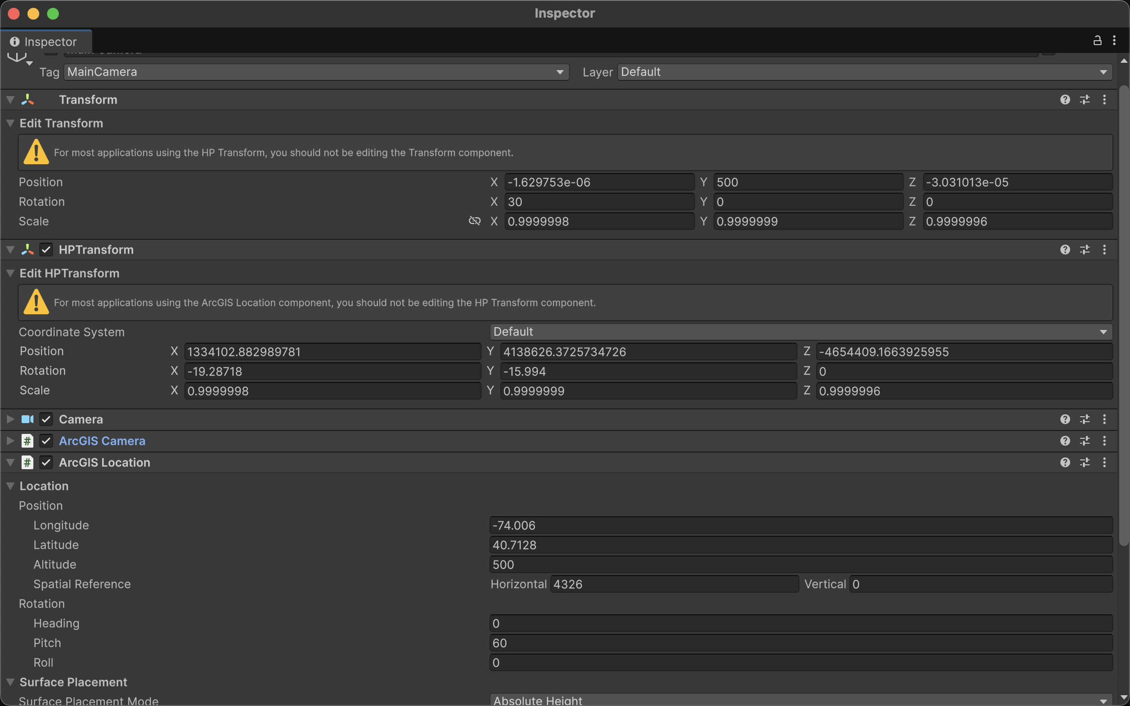 Unity Inspector showing Transform, HPTransform, and ArcGIS Location components with 64-bit double precision coordinates