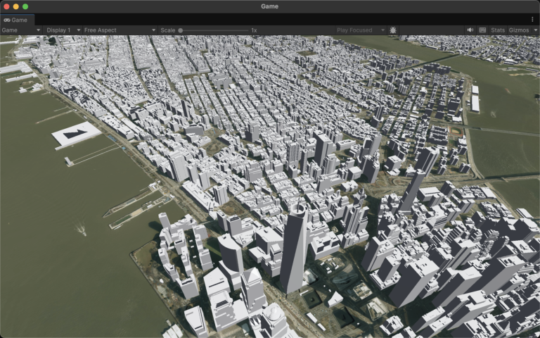 Aerial satellite view of New York City rendered in Unity using ArcGIS Maps SDK LOD streaming