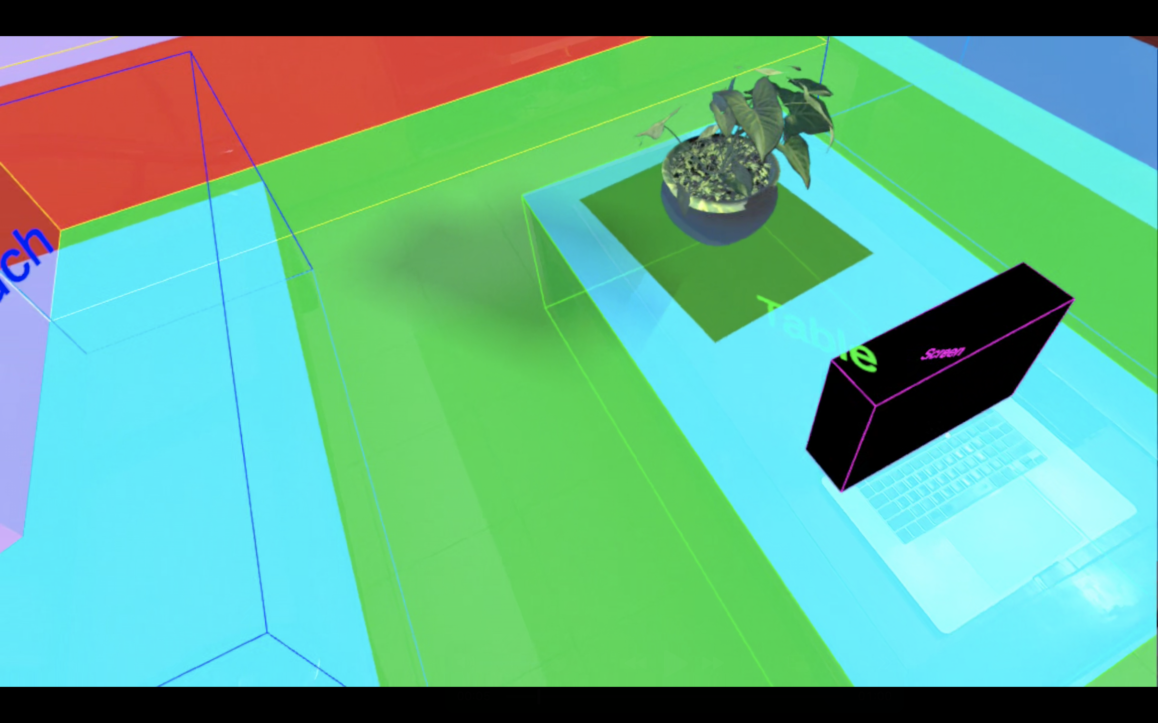 A virtual plant on a real desk with its shadow stretching away from a semantic window, matching the physical room lighting