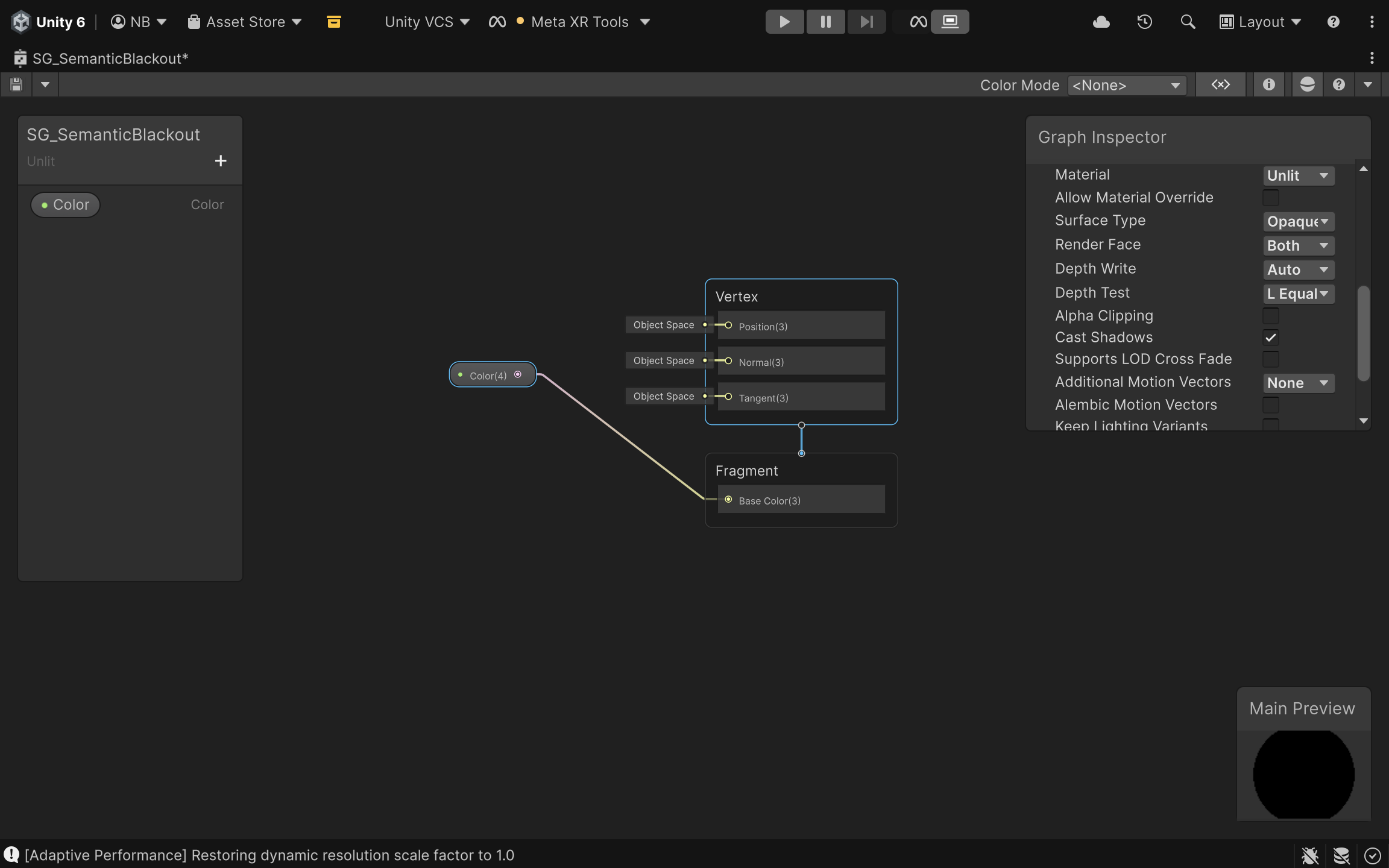 Unity Shader Graph showing the SemanticBlackout shader: a Color node set to #000000 (black) connected to the Fragment Base Color output, with Surface Type set to Opaque and Render Face set to Both in the Graph Inspector